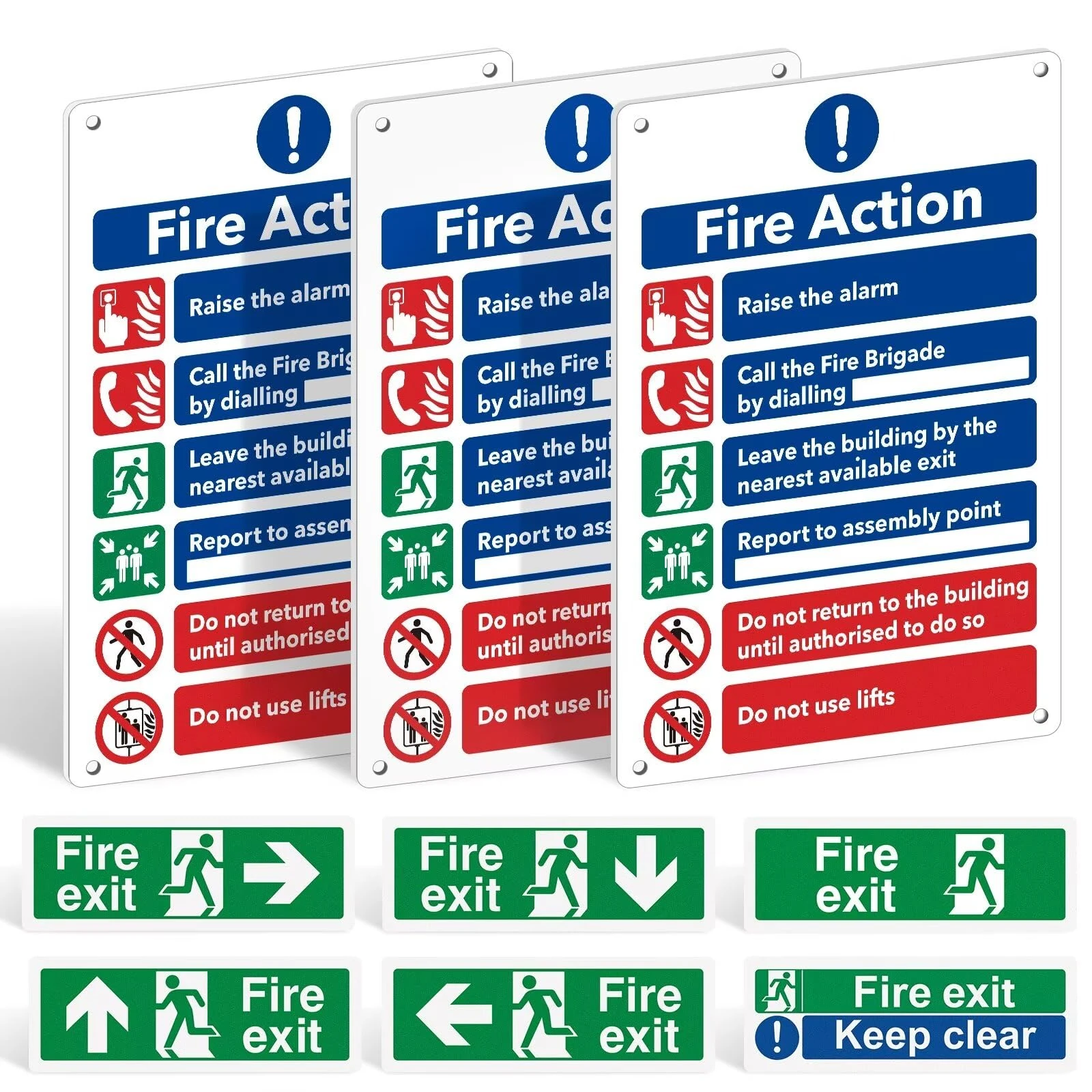 Fire Safety Signs Pack of 9 - Fire Action Notice Sign - 1mm Rigid Plastic - 300 x 200mm, Exit Sticker, Keep Clear - Self-Adhesive Vinyl Emergency Exit Signage, Matte Finish