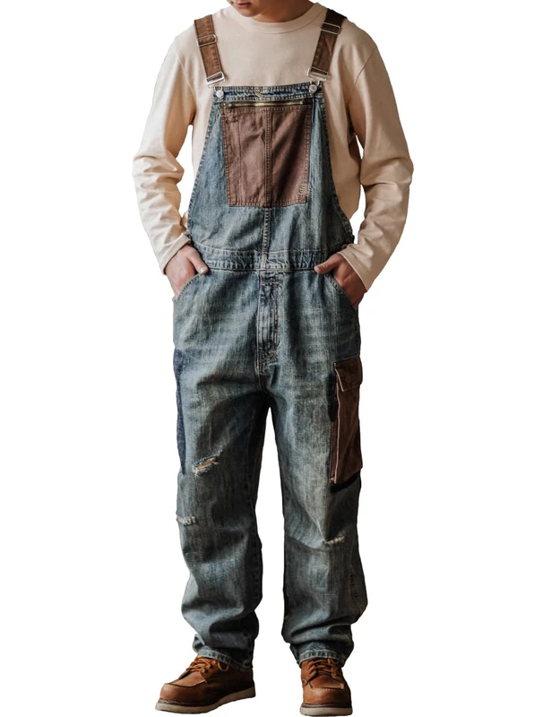 Rexcyril Men's Baggy Denim Bib Overalls Vintage Distressed Fashion Jumpsuit Loose Fit Jean with Cargo Pockets, Blue, 30 - Image 1
