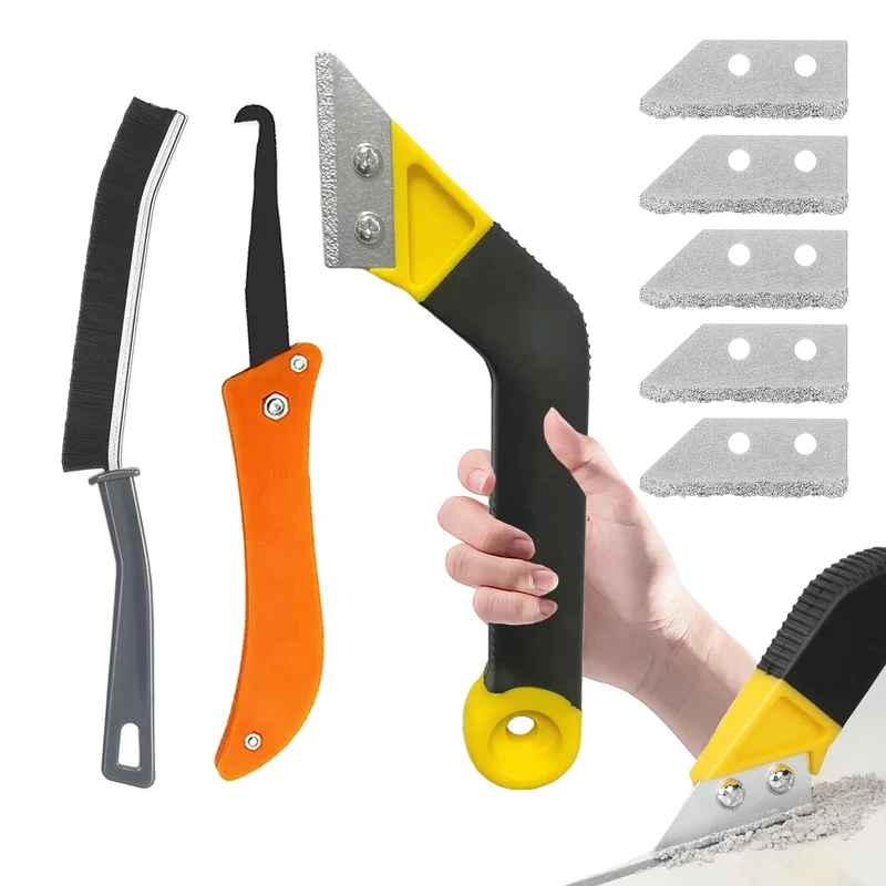Pro Grout Removal Tool, Grout Rake Removal Tool Tile Grout with 5 Pieces Extra Replacement Accessories and 1 Hand Saw Angled Grout Rake, 1 pcs Brush for Tile Grout Remover