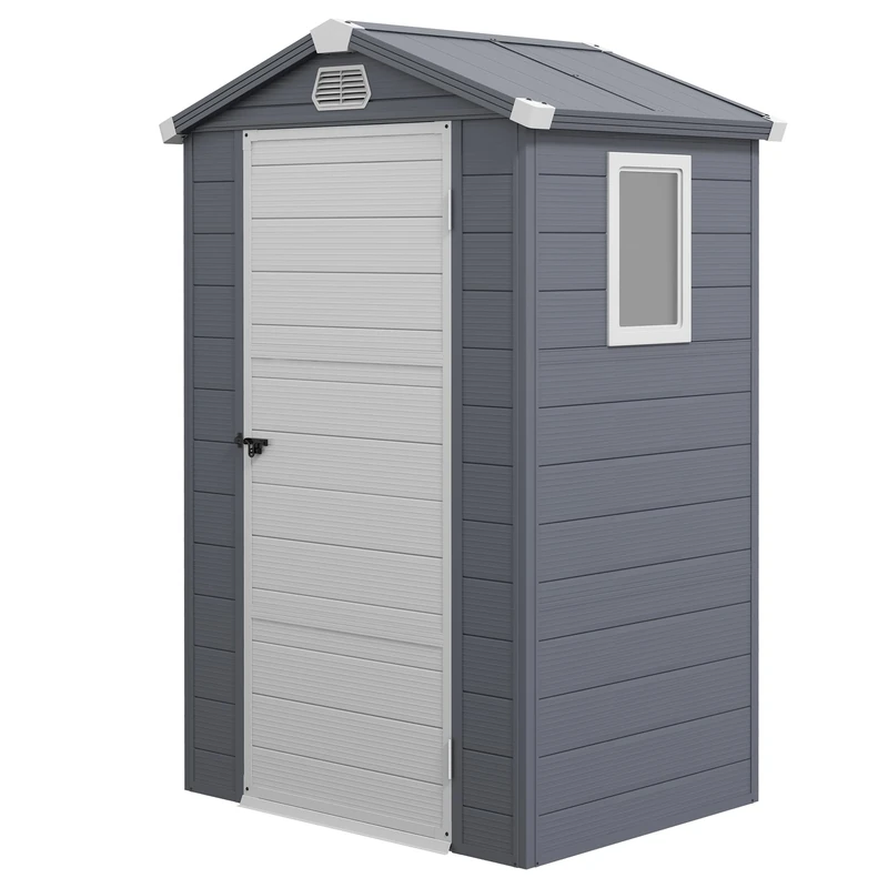 Outsunny 4 x 3ft Plastic Garden Storage Shed with Foundation Kit, Polypropylene Outdoor Storage Tool House with Ventilation Slots and Lockable Door, Grey
