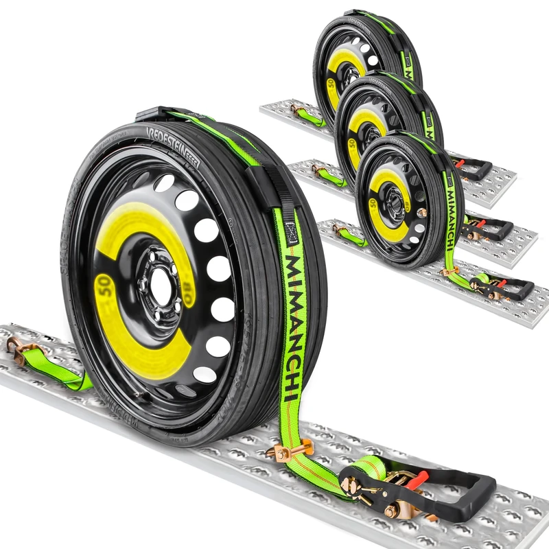 Mimanchi 2" x 10'Car Hauler Straps,4Pack,Wheel Strap with Swivel J Hook Idler,Ratchet,Tire Tie Down Straps with 3 Rubber Blocks Use for Car, Truck, ATV, Heavy Duty Vehicle Trailer Tie Down Kit