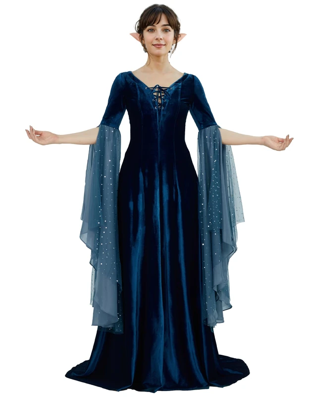 daizbella Renaissance Dress Women Retro Elegant Velvet Gown Medieval Dress Fantasy Medieval Costume, Dark Blue, Medium