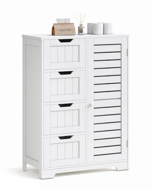 Mondeer Bathroom Floor Cabinet, Wooden Freestanding Storage Unit with 4 Drawers and 1 Louvered Door Adjustable, Shelf for Bathroom Living Room Kitchen Hallway, 56 x 30 x 83 cm, White