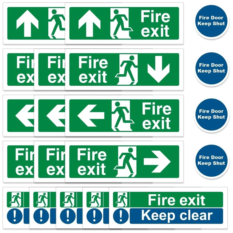 20pcs Premium Fire Exit Sign Kit (Right, Left, Up, Down Arrow) - Fire Exit Keep Clear, Fire Door Keep Shut, 30 X 10cm Self Adhesive Sticker EN ISO 7010 Compliant