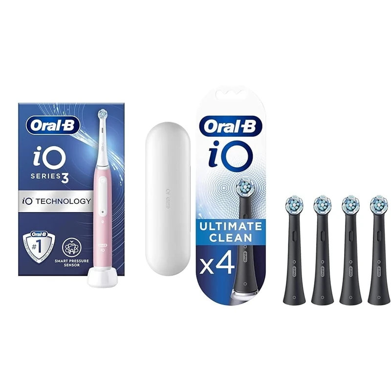 Oral-B iO3 Electric Toothbrush, 1 Toothbrush Head & Travel Case, 3 Modes with Teeth Whitening, 2 Pin UK Plug, Pink + 4 Oral-B iO Ultimate Clean Electric Toothbrush Heads