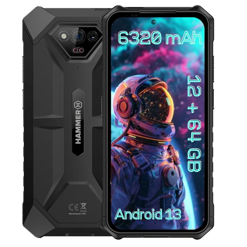 Hammer Iron V E without contract robust, waterproof, dual SIM, powerful 6320 mAh battery, 64GB + 6GB RAM, Andorid 13, 50 Mpx camera with night vision sensor IP69 droptest, 294 hours in standby, NFC