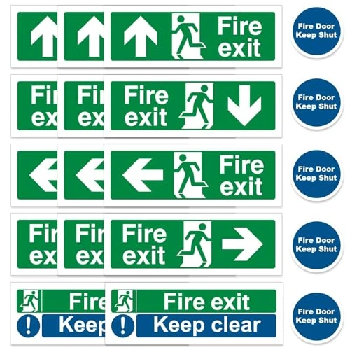 19pcs Premium Fire Exit Sign Kit (Right, Left, Up, Down Arrow) - Keep Clear, Fire Door Keep Shut, 30 X 10cm Self Adhesive Sticker EN ISO 7010 Compliant