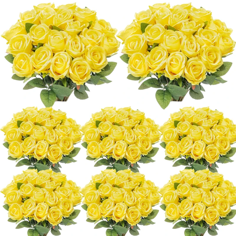Hotop 80 Pcs Rose Artificial Flowers Bulk with Long Stem, Silk Roses Realistic Fake Flowers Bouquet for Wedding Table Centerpieces Bridal Shower Party Home Decorations(Yellow)