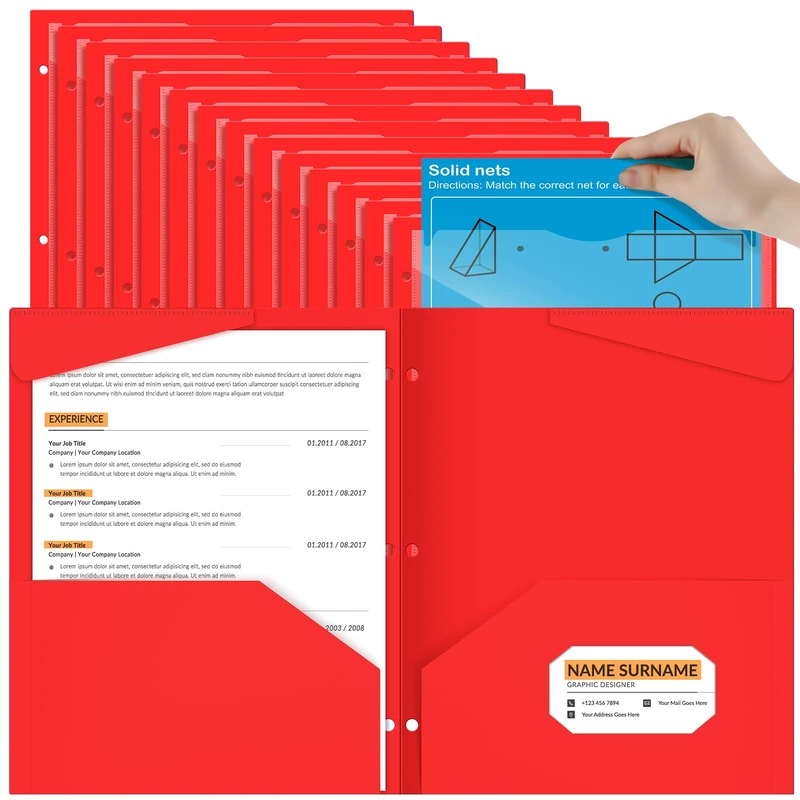 Henoyso 60 Pack 2 Pocket Folders with Clear Front Pocket 3 Hole Punched Plastic Heavy Duty Folders for 3 Ring Binder for 11 x 9 Inch Paper Holder Office Classroom(Red)