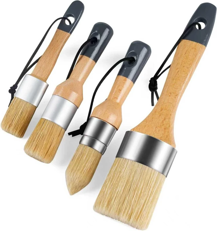 Mister Rui Chalk Paint Brushes Set of 4, Small Round Paint Brush, Large Oval Natural Bristles Brush, Pointed and Flat Chalk Paint Brush, Wax Brushes Perfect for Furniture Painting or Waxing