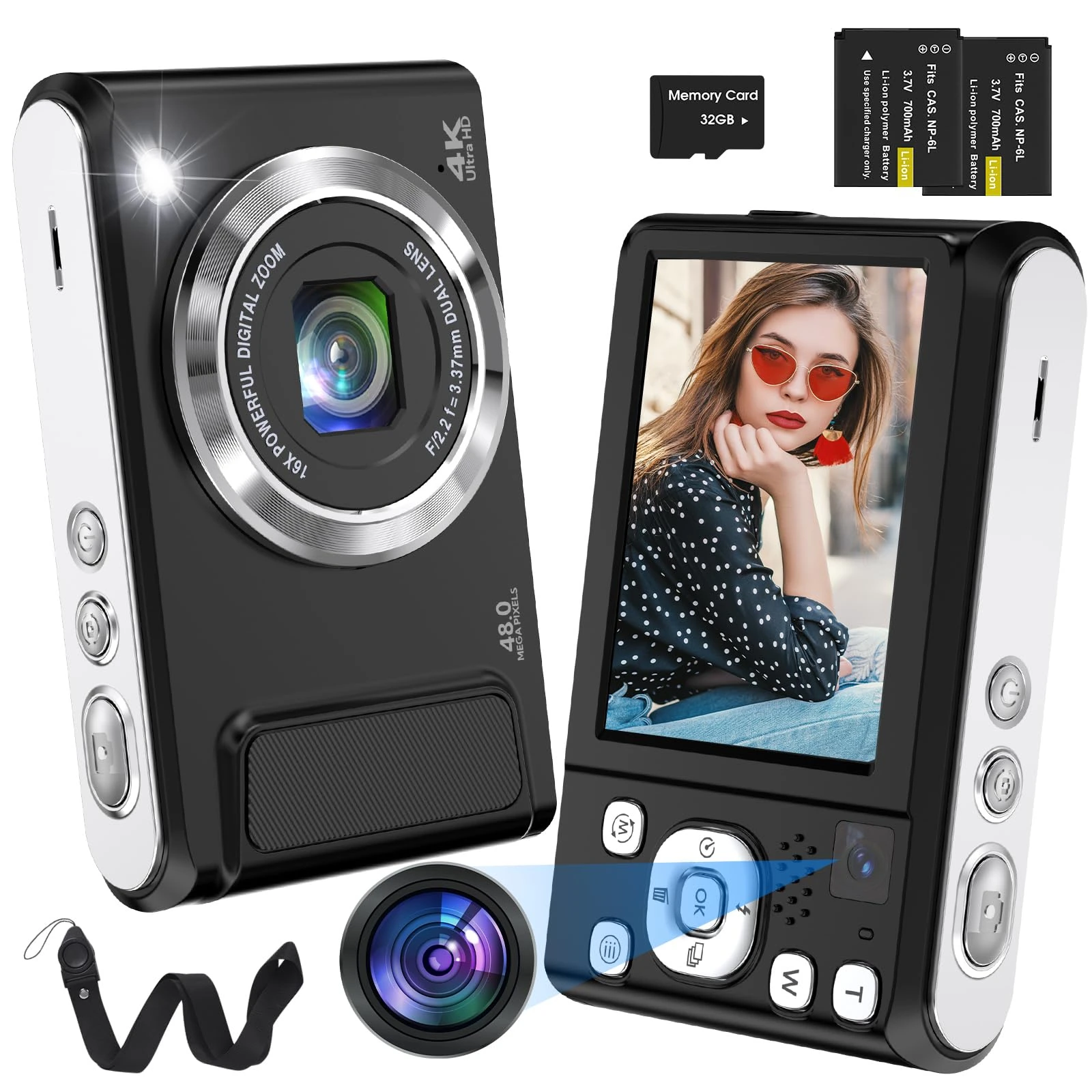 Digital Camera,Bofypoo 4K Autofocus Vlogging Camera with 32G Memory Card Front and Rear Dual Cameras,48MP Compact Digital Camera with 16X Digital Zoom for Beginners(Black)