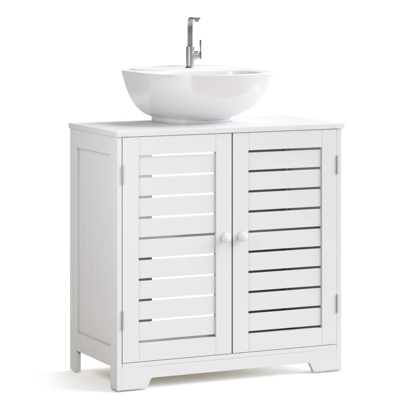 Mondeer Under Sink Cabinet, Wooden Freestanding Bathroom Storage with 2 Louvered Doors and 2 Shelves, 60 x 60 x 30cm, White