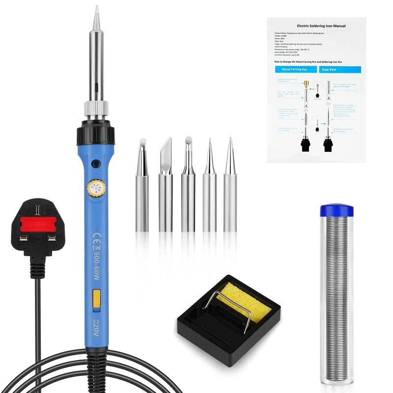 flintronic Soldering Iron Kit, 60W Adjustable Temperature 200-480℃ Welding Tools, 8 in 1 Portable Soldering Iron with 5 Solder Tips, 10g Solder Wire, Stand, Soldering Set for Welding/Repair/DIY