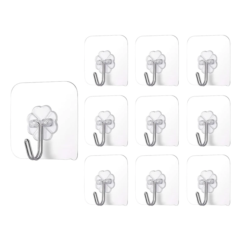 Zuofan Self Adhesive Hooks (10 Pieces), Heavy Duty Door Wall Stick on Hooks for Kitchen, Bathroom, Office, Closet, Hanging Coat Cloth Towel Key Decorations- Transparent