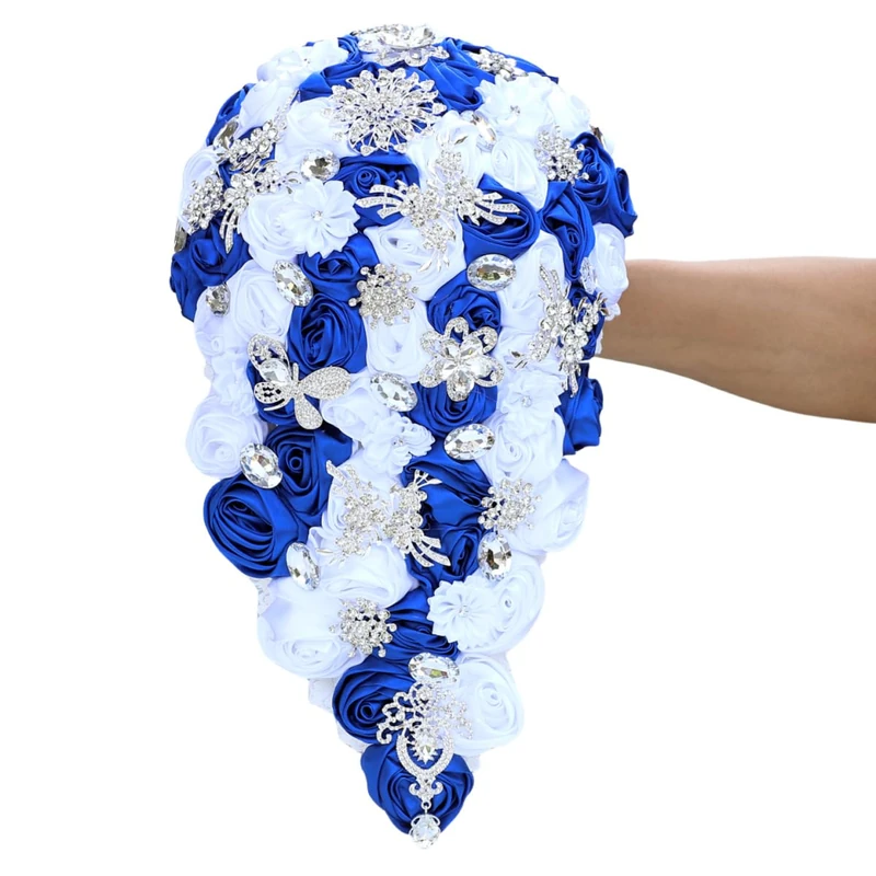 Mhojpik Luxury Cascade Bridal Wedding Bouquet Satin Rose Waterfall Holding Bouquet Artificial Flower Bunch for Bride Bridesmaid(Royal Blue & White, 17.3" x 8.7")