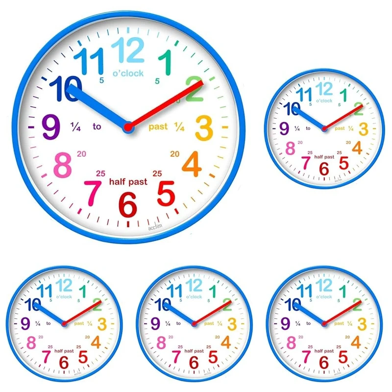Acctim Wickford Kids Teaching Wall Clock Quartz Rainbow Dial Quarter Markers Blue 20cm 22529 (Pack of 5)