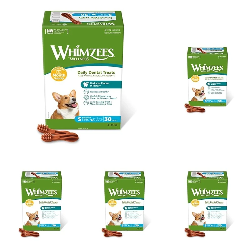WHIMZEES By Wellness Toothbrush, Month Box, Natural and Grain-Free Dog Chews, Dog Dental Sticks for Small Breeds, 30 Pieces (One Month Supply), Size S (Pack of 5)