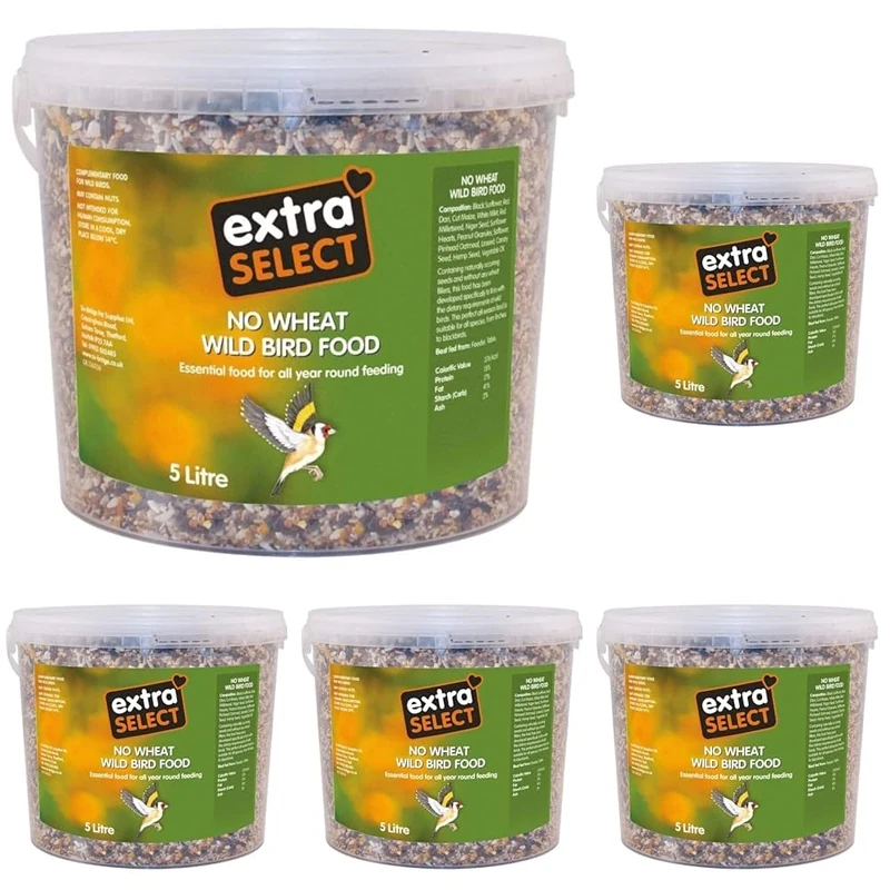 Extra Select No Wheat Wild Bird Food: Wheat Free Bird Seed for All Seasons, mixed Bird Feed - 5L Tub (Pack of 5)