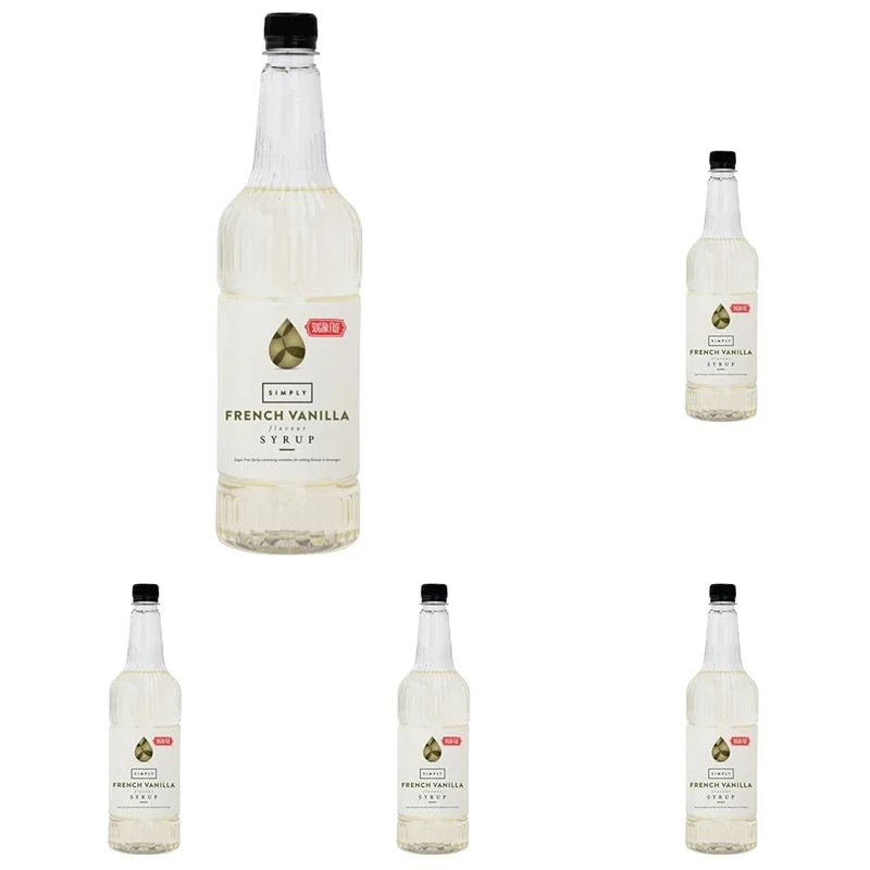 Simply Sugar Free French Vanilla Syrup, Low Calorie, Vegan & Nut Free Flavoured Syrup for Coffee, Cocktails & Baking (1 Litre) (Pack of 5)