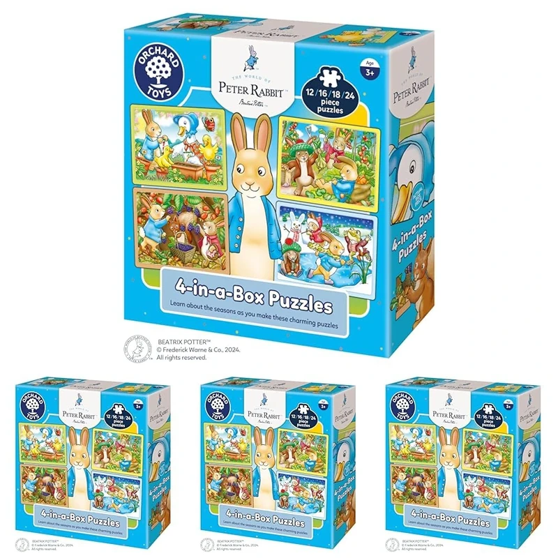 Peter Rabbit™ 4-in-a-box Puzzles by Orchard Toys, 12, 16, 18 and 24 Pieces Official Beatrix Potter Jigsaw Puzzles, for Children Age 3+, Birthday Gift (Pack of 4)