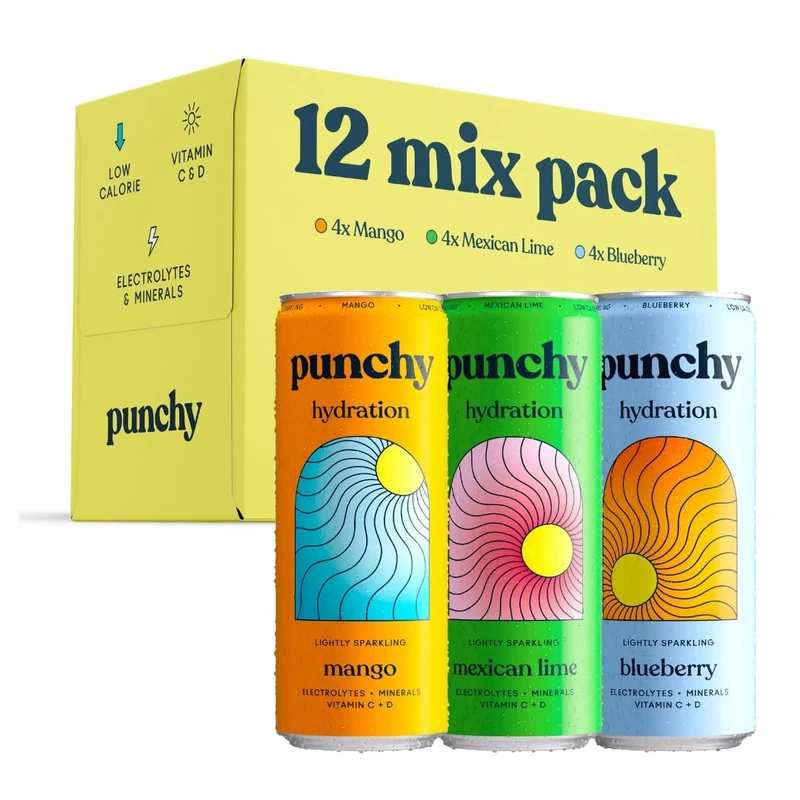 Punchy Drinks - Mixed Case of Mango, Mexican Lime & Blueberry, Everyday Hydration, Lightly Sparkling, Electrolytes, Vitamins, Real Fruit, Support Immunity, Caffeine Free, Low Calorie - 12 x 330ml