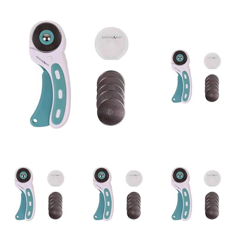 Milward 45mm Rotary Cutter & 5 Spare Blades, Ergonomic Handle with Safety Lock, Left & Right-Handed Fabric, Leather, Crafting, Sewing, Quilting, Fabric Rotary Cutter, Turquoise & White (Pack of 5)