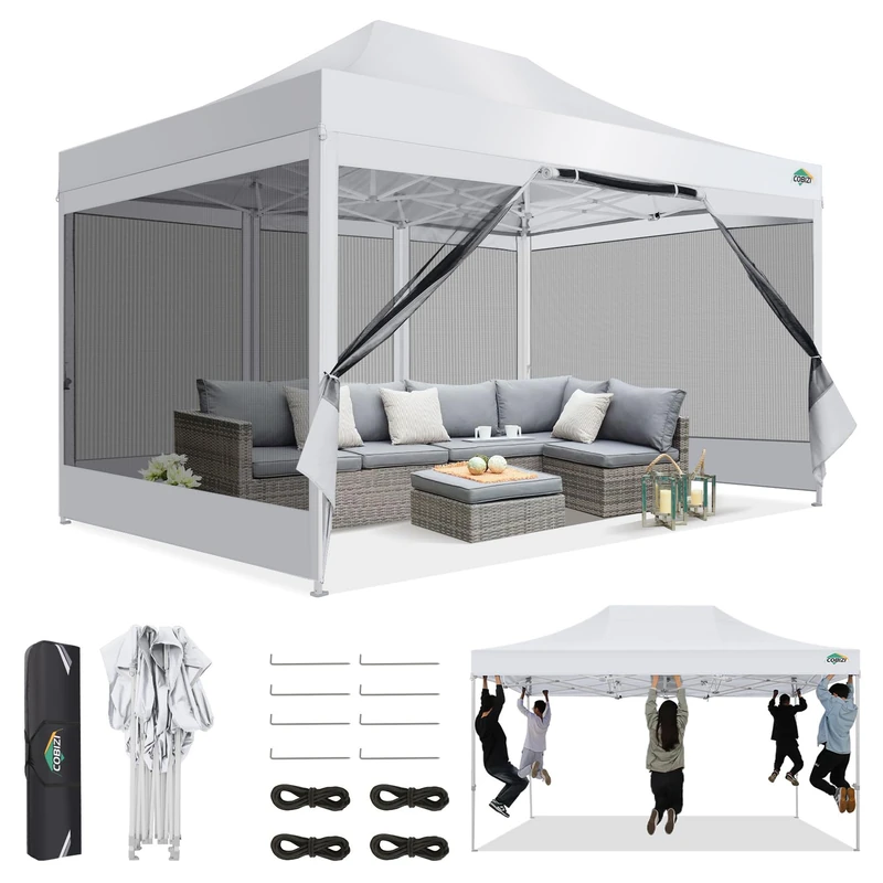 COBIZI Gazebo 3 x 4.5, Folding Gazebo 3 x 4.5 cm, Waterproof, Stable, Gazebo Foldable Anti-UV with Mesh Side Walls, Gazebo for Camping Events, Party Tent, Garden Tent with Carry Bag (3 x 4.5 m, White)