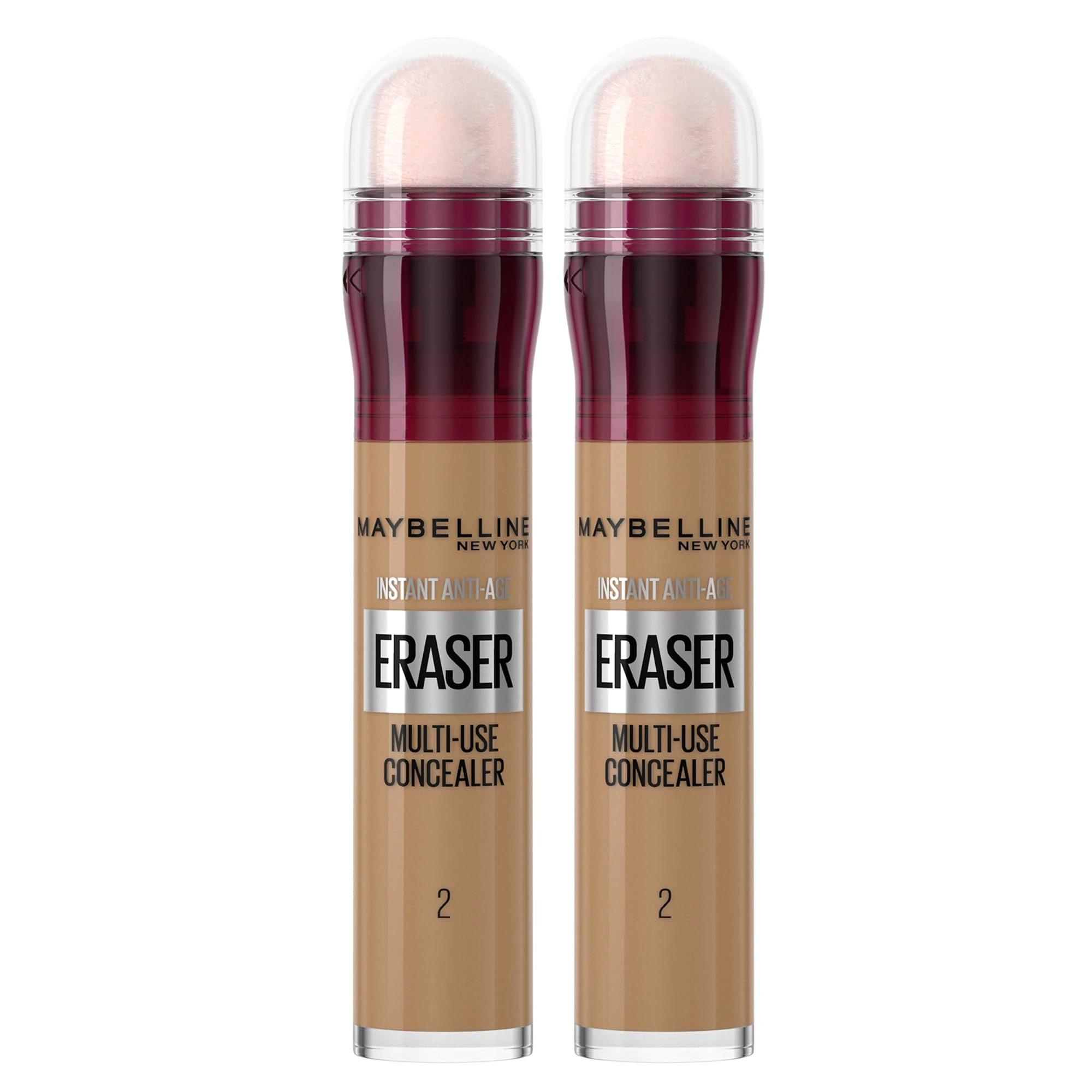 Maybelline Instant Anti Age Eraser Eye Concealer, Dark Circles and Blemish Concealer, Ultra Blendable Formula, 02 Nude (Pack of 2)