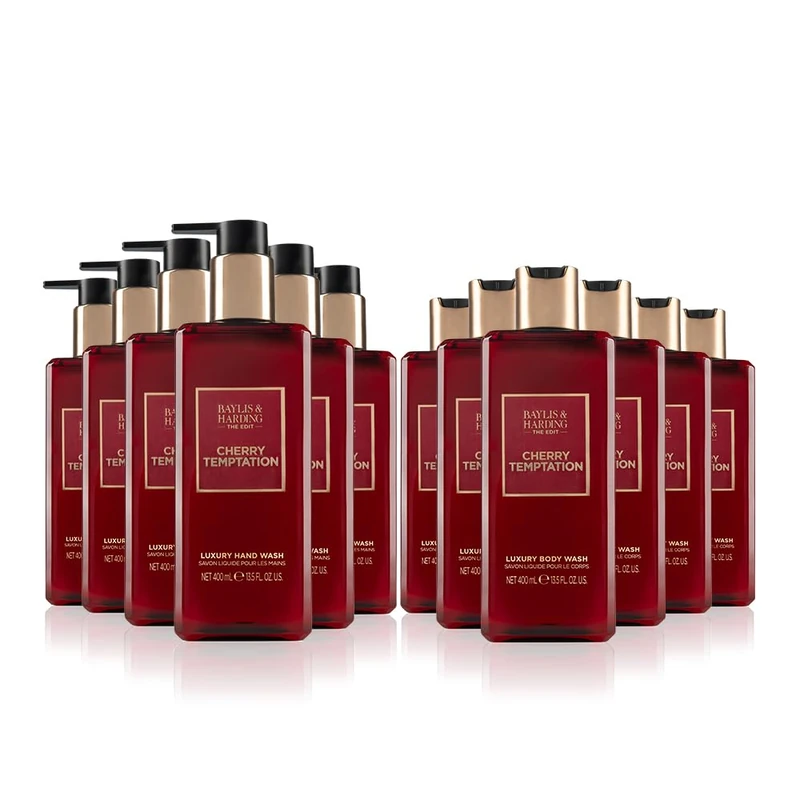 Baylis & Harding Edit Cherry Temptation Bundle: 6 x 400 ml Body Wash & 6 x 400 ml Hand Wash (12 Bottles) - Vegan Friendly