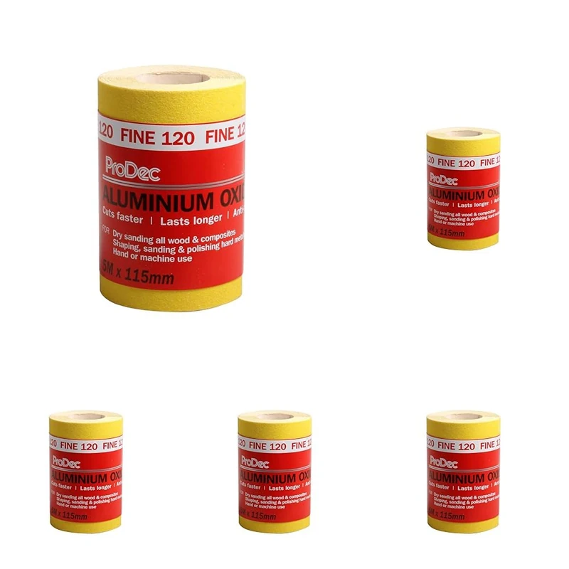 ProDec 5m Roll 120 Grit Fine Grade Yellow Aluminium Oxide Abrasive Sanding Paper for Sanding Wood, Paint, Plaster, Filler, Metal and More, 115mm Wide Sandpaper Compatible with Machine Sanders