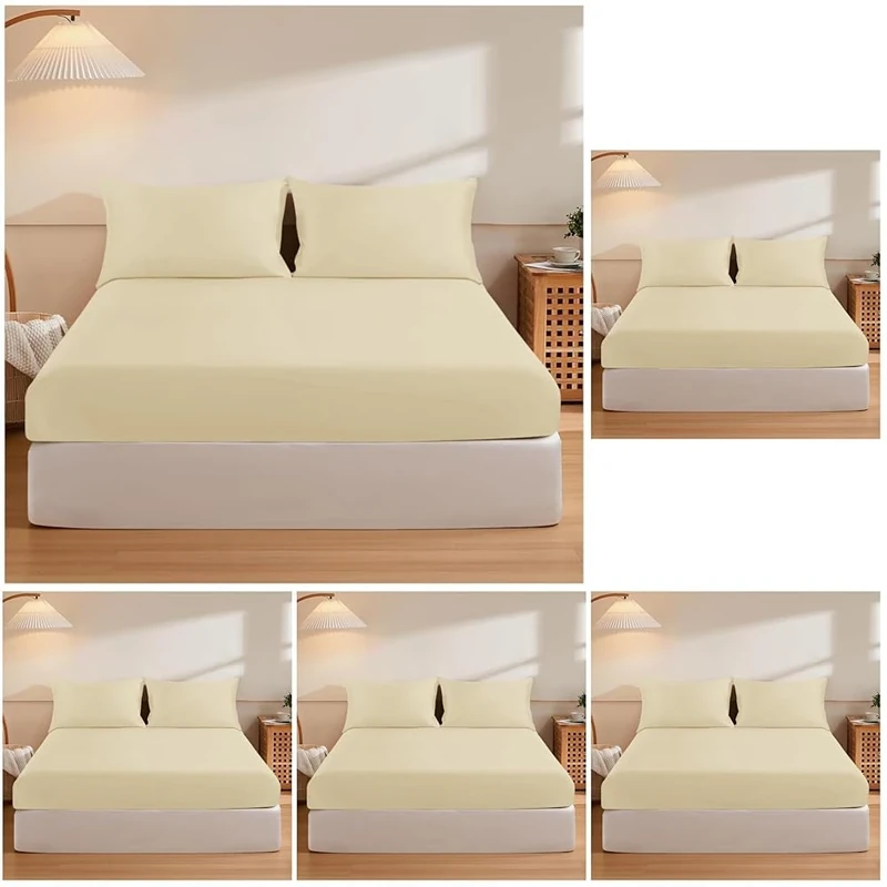 Fitted Bed Sheets King Size (150x200 cm) - Breathable Fitted Sheet 25cm(10") Deep - Elasticated Corners Bottom Sheet - Cream (Pack of 5)