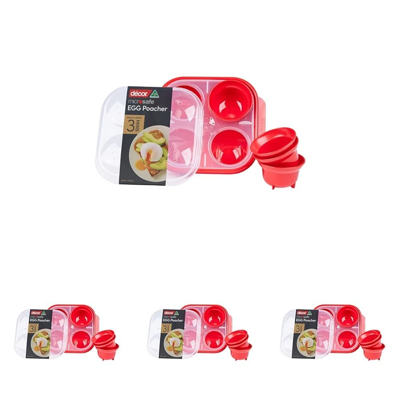 Décor Microwave Egg Poacher Cups for 4 | Food Grade Poached Egg Maker | Non-stick, Easy to Clean, BPA-free Plastic - Red 4 Egg Tray (Pack of 4)