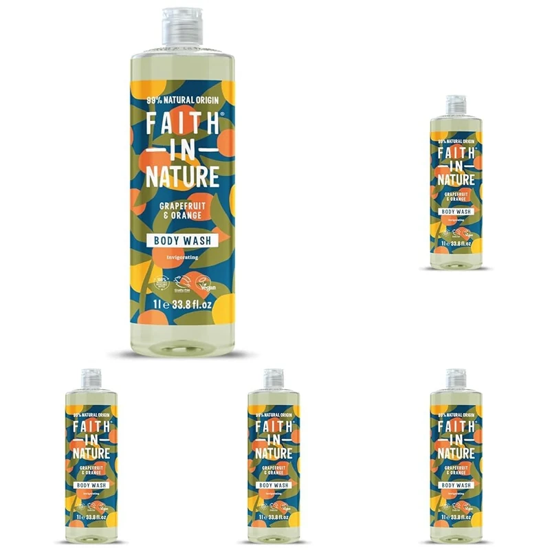 Faith In Nature 1L Natural Grapefruit & Orange Body Wash, Invigorating, Vegan and Cruelty Free, No SLS or Parabens (Pack of 5)