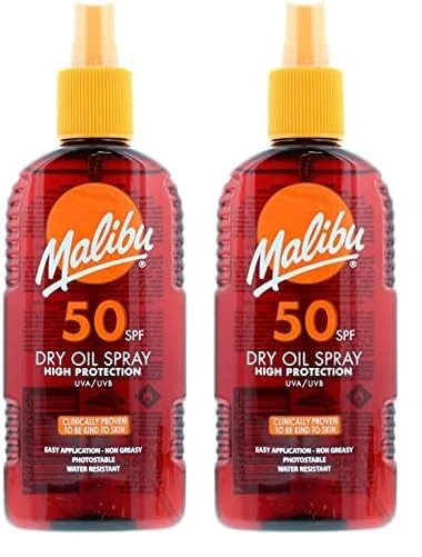 Malibu Sun SPF 50 Non-Greasy Dry Oil Spray for Tanning, High Protection, Water Resistant, 200ml (Pack of 2)