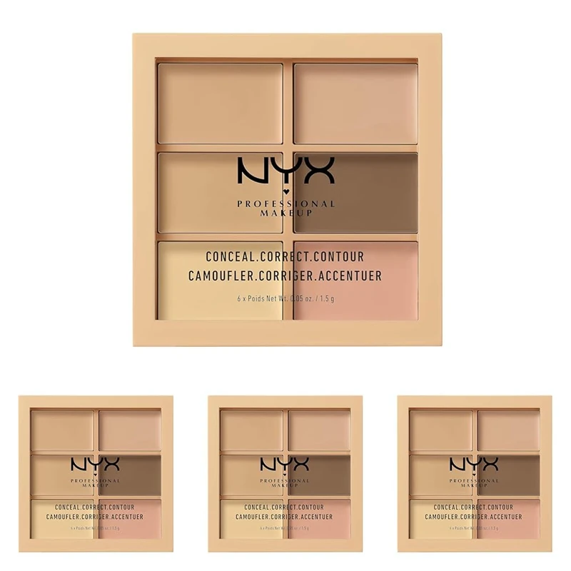 NYX Professional Makeup Conceal, Correct, Contour Palette, Six Shades, Cream Texture, Undertones, Shade: Light (Pack of 4)