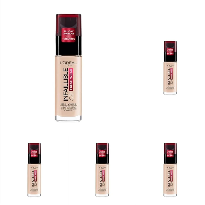L'Oréal Paris Liquid Foundation, Full Coverage, Lasting Wear, With Vitamin C and SPF 25, Infallible 32H Fresh Wear, 15 Porcelain (Pack of 5)