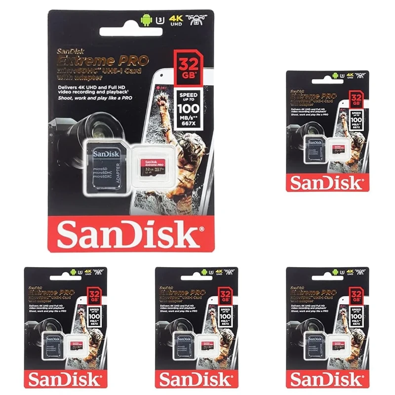 SanDisk Extreme Pro 32 GB microSDHC Memory Card + SD Adapter with A1 App Performance + Rescue Pro Deluxe 100 MB/s Class 10, UHS-I, U3, V30 SDSQXCG-032G-GN6MA, Red/Gold (Pack of 5)