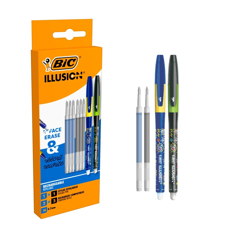 BIC Illusion Eraseable Gel Pens, 2 Pens, Black & Blue Ink, 6 Cartridge Refills