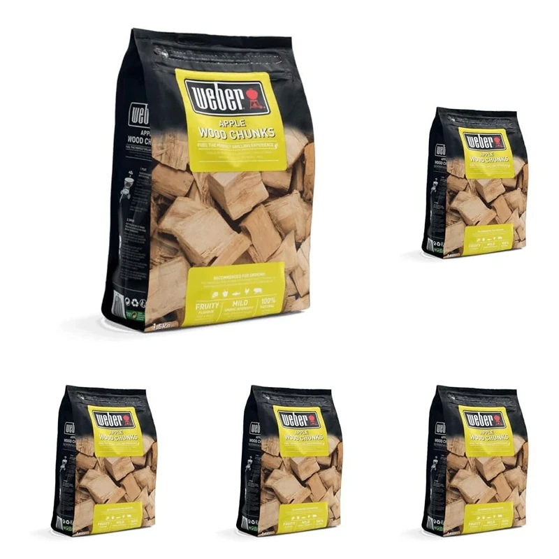 Weber Apple Wood Chunks | 1.5kg Bag | BBQ Wood Chips | Hardwood Cooking Pellets | Smoking Wood Chunks | Barbeque & Smoker Fuel | 100% Natural Wood Chips for BBQ & Wood Fired Grills (17616) (Pack of 5)