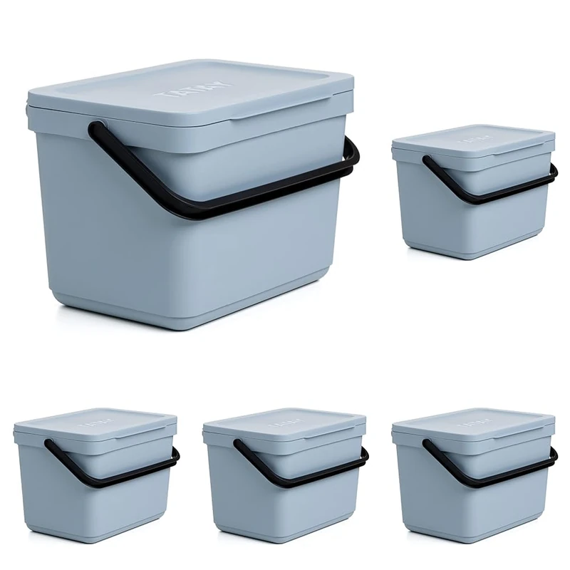 TATAY Kitchen Food Waste Compost Caddy Bin, 6L Capacity, Polypropylene, Made from 100% Recycled Materials, Ocean Colour. Measures 26,5 x 19 x 18,5 cm (1105501) (Pack of 5)