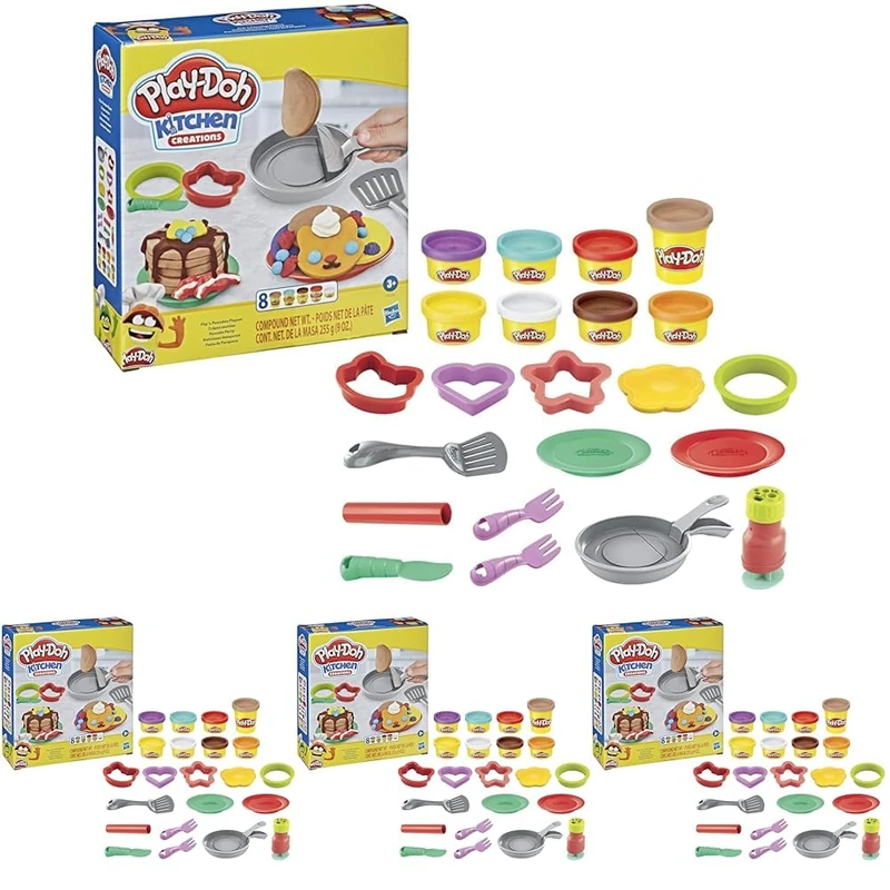 Play-Doh Kitchen Creations Flip 'n Pancakes Playset 14-Piece Breakfast Toy for Kids 3 Years and Up with 8 Non-Toxic Modelling Compound Colours (Pack of 4)