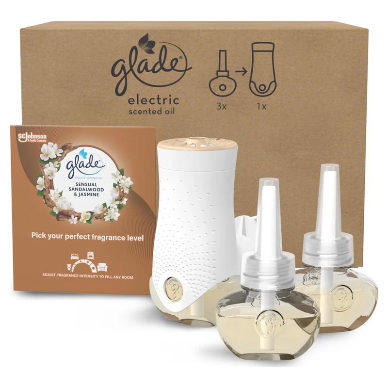 Glade Plug in Air Freshener Holder and Refill, Electric Scented Oil Room Air Freshener, Sandalwood & Jasmine, 1 Holder and 3 Refills (3 x 20ml)