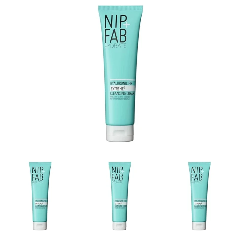 Nip + Fab Hyaluronic Acid Fix Extreme 4 Cleansing Cream, Gentle Cleanser, Face Wash, Anti-Aging and Hydrating for Dry/Sensitive Skin (Pack of 4)
