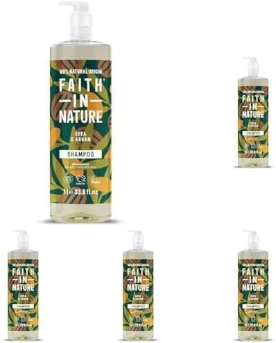 Faith In Nature 1L Natural Shea & Argan Shampoo, Nourishing, Vegan & Cruelty Free, No SLS or Parabens, for Normal to Dry Hair (Pack of 5)