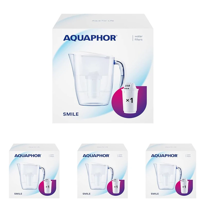 AQUAPHOR Water Filter Jug Smile, Space-saving, Lightweight Fridge door fit 2.9L Capacity 1 X A5 350L Filter Included Reduces Limescale Chlorine & Microplastics, White. (Pack of 4)