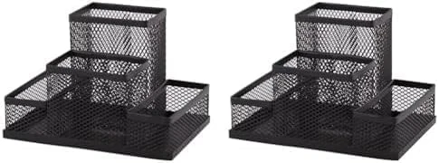 D.RECT Desk Organiser, Pen Holder, Metal Desk Organiser, Office Tray with Memo Holder, Mesh 103 x 154 x 103 mm, Black, (110446) (Pack of 2)