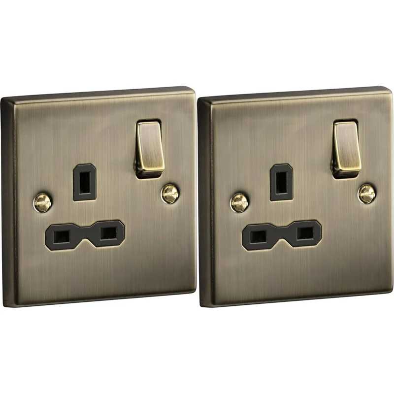 1G Switched Socket Square Edge Antique Brass 13A (Pack of 2)