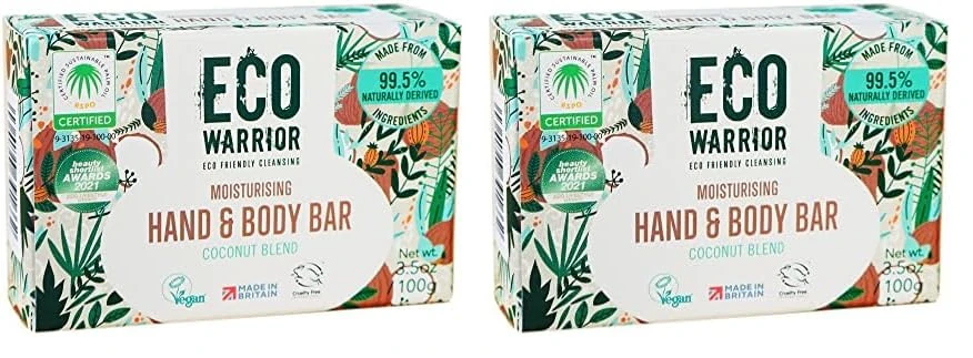 Eco Warrior Moisturising Body & Hand Soap Bar-Vegan, Cruelty Free, No SLS or Parabens, Richly Nourishing Coconut Blend and Pure Essential Oils including Vanilla-Natural, Eco Friendly Bar of Soap, 100g