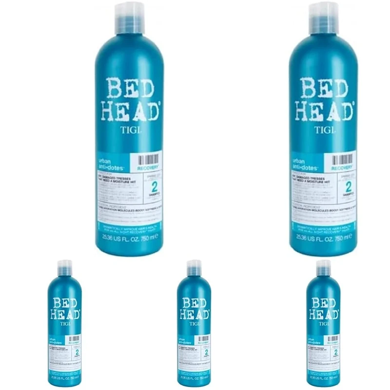 Bed Head by TIGI 750ml Recovery Shampoo Multipack - 5-Pack XXL Salon Professional Deep Moisturising Shampoo for Dry, Damaged Hair, Cleansing Wash to Repair & Hydrate, Sulphate Free Hair Care
