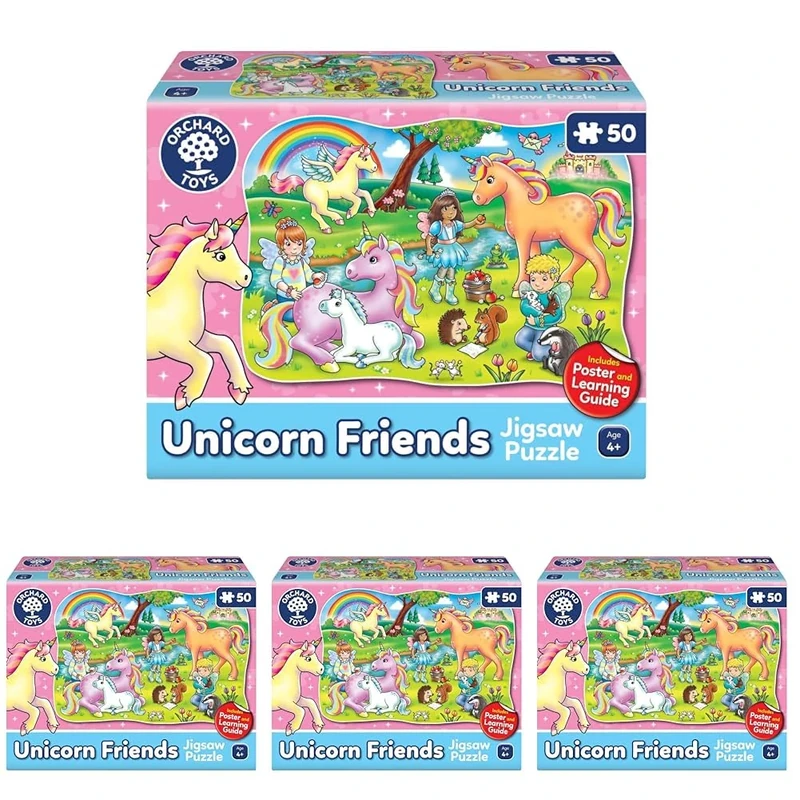 Orchard Toys Unicorn Friends Jigsaw, 50-Piece Shaped Puzzle, Includes Poster and Learning Guide, For Ages 4+, Perfect for Kids who love Unicorns (Pack of 4)